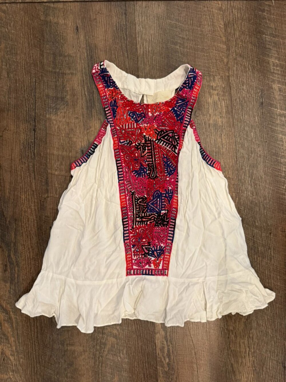 Love Sam Anthropologie Red Blue and Cream Embroidered Tank Top - Women's Large